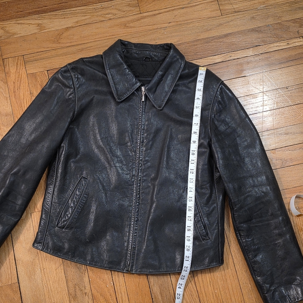 Vintage Black Leather Women's Moto Jacket-Y2K Classic Collar Metal Zips Grunge - Picture 9 of 14